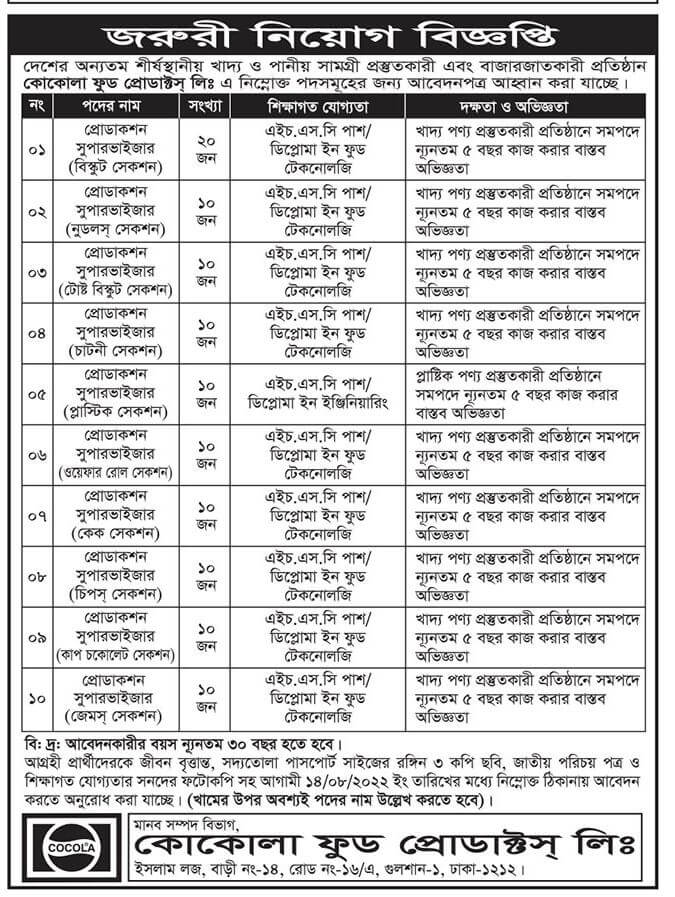 কোকোলা কোম্পানি নিয়োগ বিজ্ঞপ্তি ২০২২