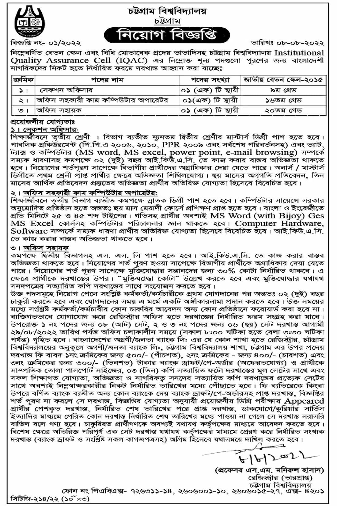 চট্টগ্রাম বিশ্ববিদ্যালয় নিয়োগ বিজ্ঞপ্তি ২০২২