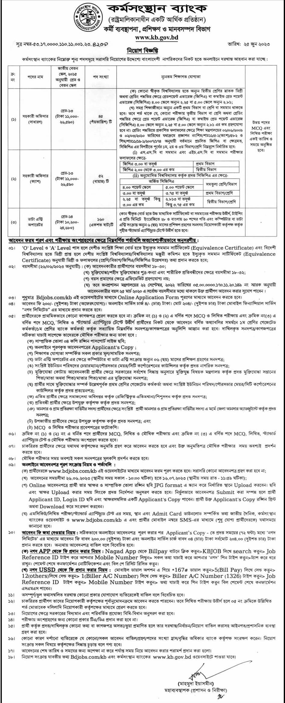 কর্মসংস্থান ব্যাংক নিয়োগ বিজ্ঞপ্তি ২০২৩