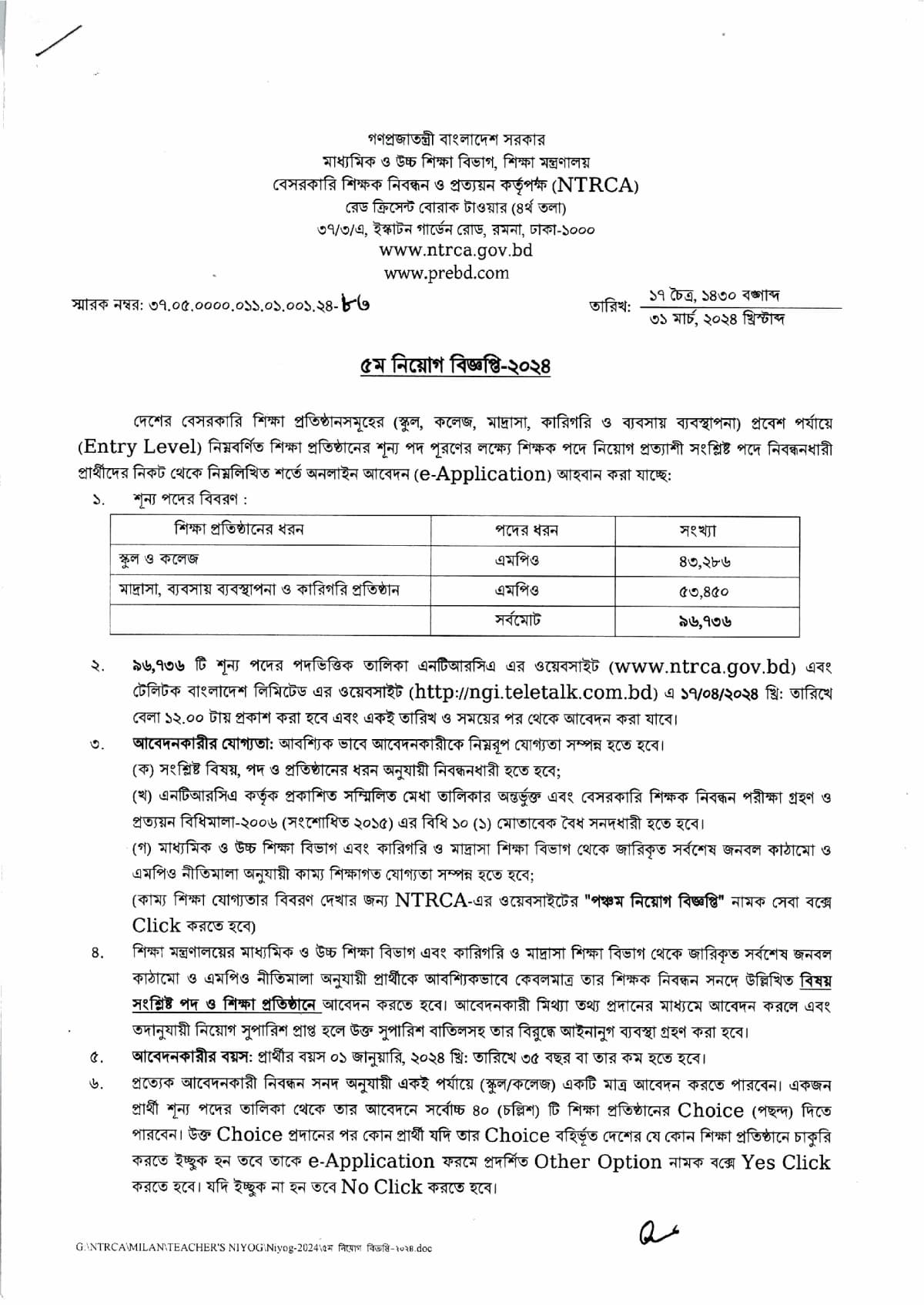 বেসরকারি শিক্ষক নিয়োগ ৫ম গণ-বিজ্ঞপ্তি ২০২৪